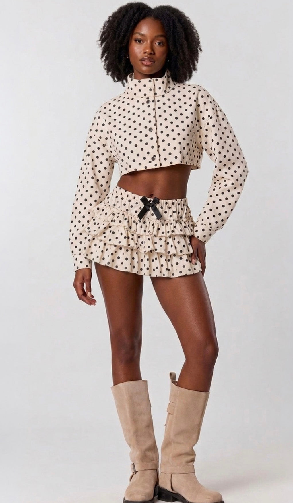Polka Dots Cropped Jacket & Ruffle Skirt
